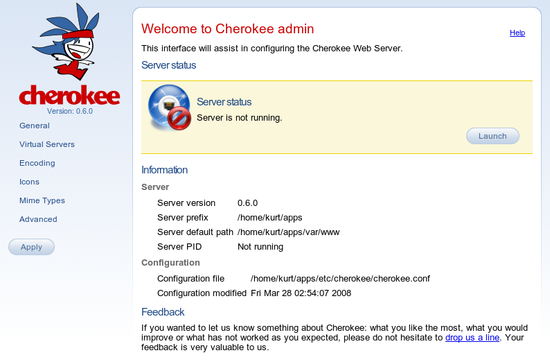 
    The Cherokee 0.6.0 admin interface.
    The server status shows that it is not currently running.

