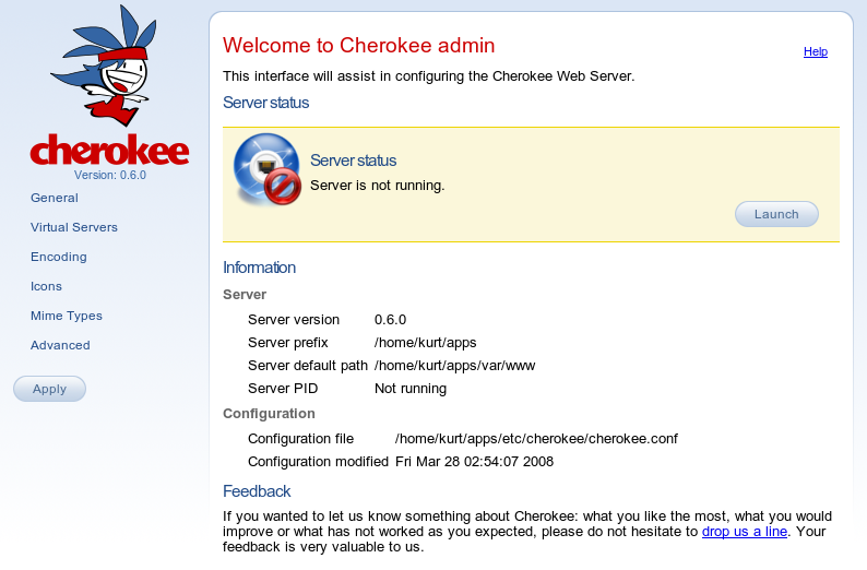 
    The Cherokee 0.6.0 admin interface.
    The server status shows that it is not currently running.
