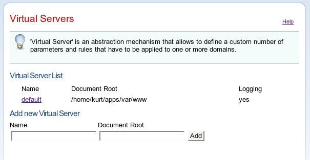 
    The Cherokee 0.6.0 Virtual Servers configuration page.
    A virtual server named "default" has already been configured.
