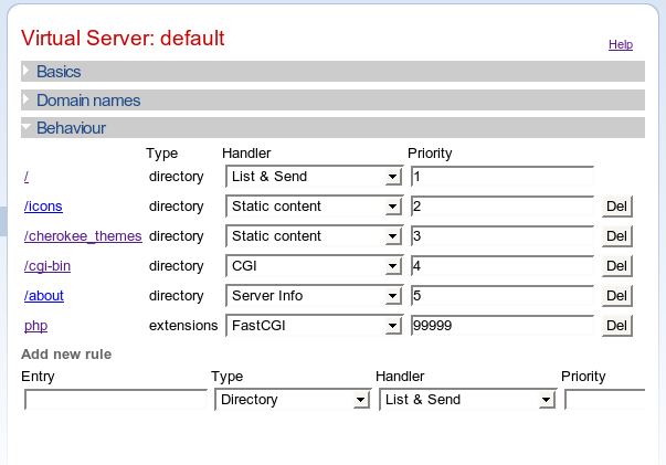 
    The Cherokee 0.6.0 Virtual Server configuration page.
    The "default" virtual server is being configured, and the "Behaviour"
    grouping is expanded to show the rules that have been configured.
