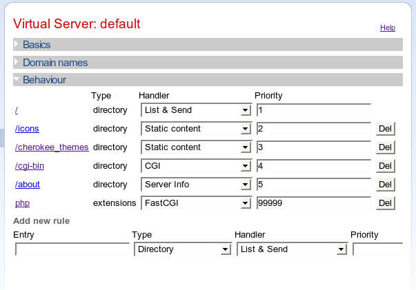 
    The Cherokee 0.6.0 Virtual Server configuration page.
    The "default" virtual server is being configured, and the "Behaviour"
    grouping is expanded to show the rules that have been configured.
