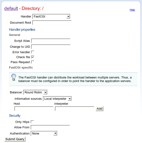 
    The Cherokee 0.6.0 Virtual Server Rule configurator.
    The "FastCGI" Handler has been selected, and a number of additional
    Handler properties are now available for configuration.
    The "Check file" checkbox is ticked.
