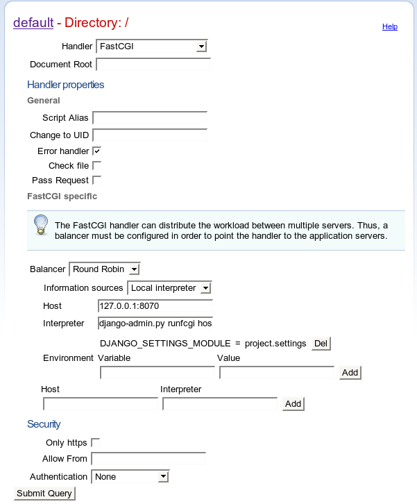 
    The Cherokee 0.6.0 Virtual Server Rule configurator.
    The "FastCGI" Handler has been selected and the "Check file" checkbox is unticked,
    which allows you to customize environment variables.
