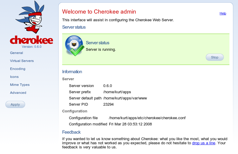 
    The Cherokee 0.6.0 admin interface.
    The server status shows that it is running.
