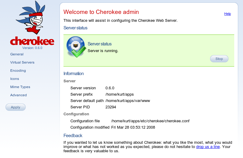 
    The Cherokee 0.6.0 admin interface.
    The server status shows that it is running.
